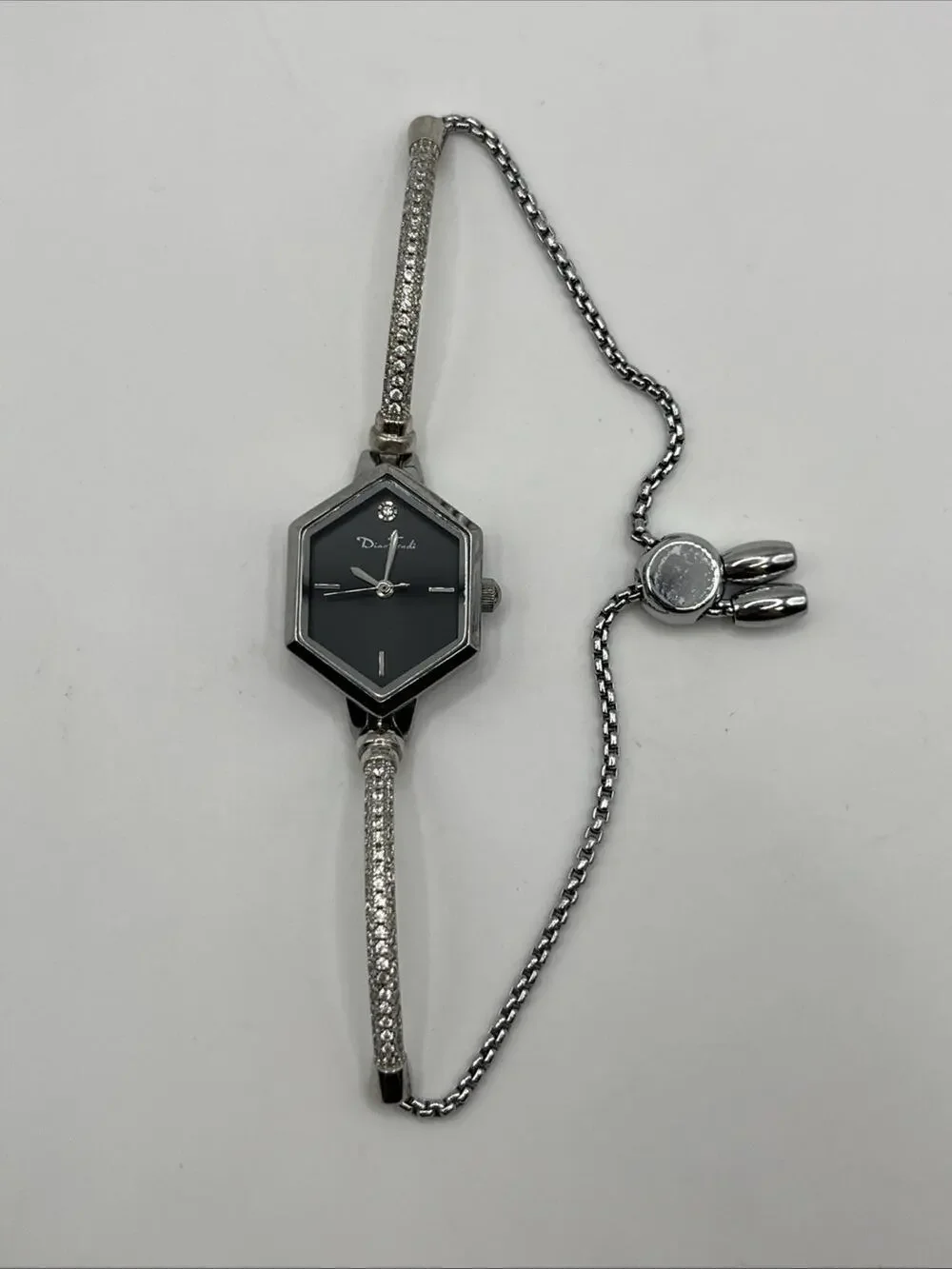 Diaofendi Fashion Hexagon Watch Bracelet Black Silver Tone Bolo Adjustable Strap